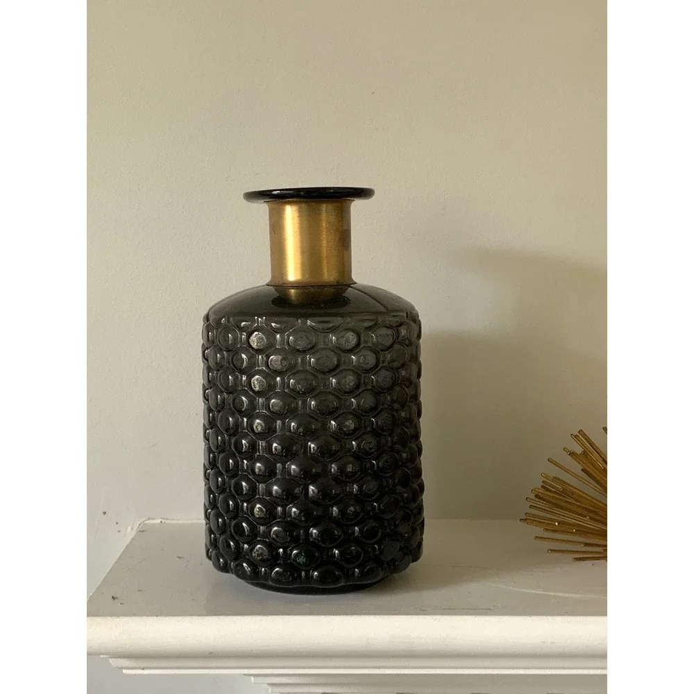 Smoky Gray Textured Glass Vase with Gold Neck Mid Century Modern Decor 9.5